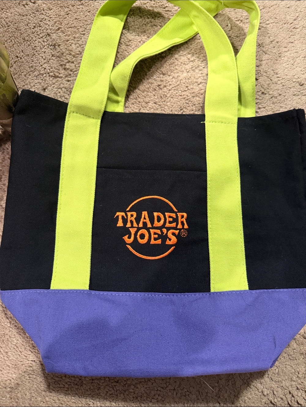 Trader Joe's Black Tote with Purple Base and Lime Green Handles